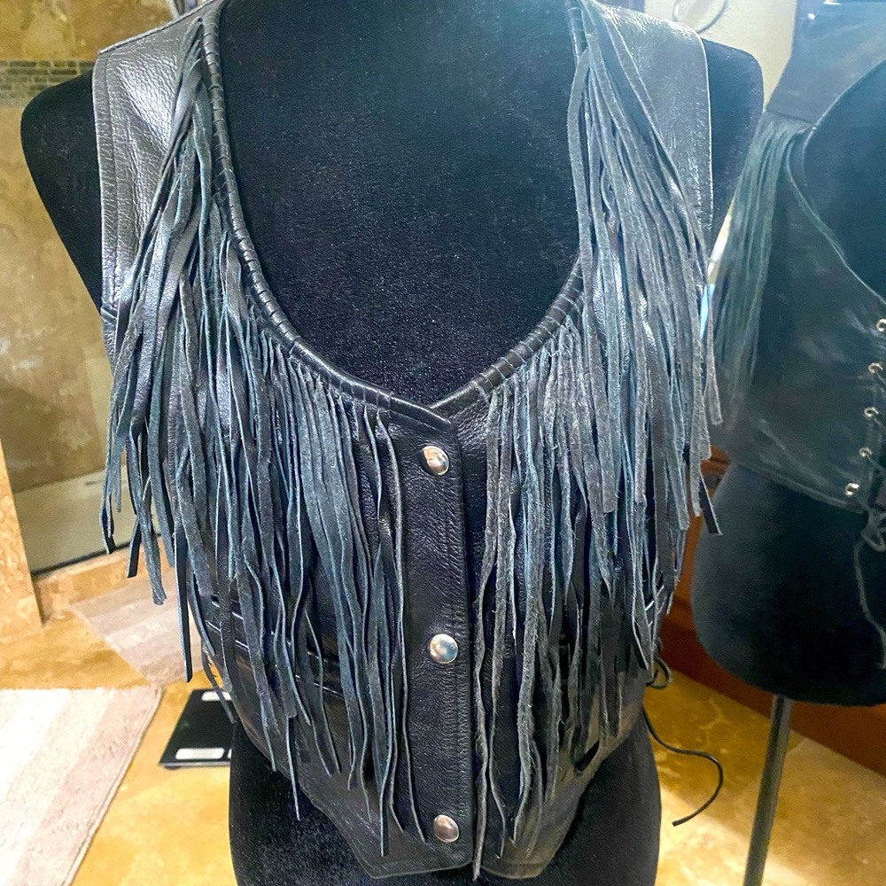 Manzoor Black Leather Vest with Fringe
